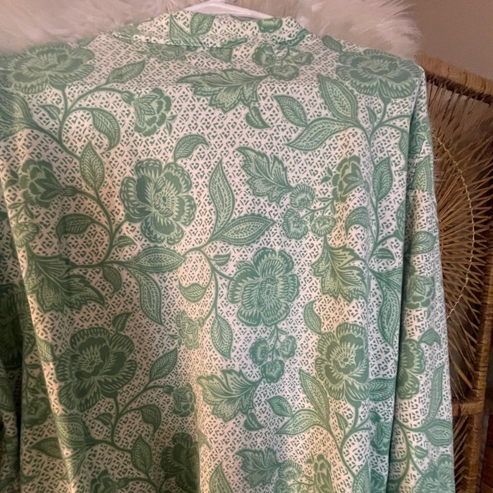 Garnet Hill Womens Asian Wrap Organic Cotton Robe Green Floral Cottagecore M - Picture 10 of 10
